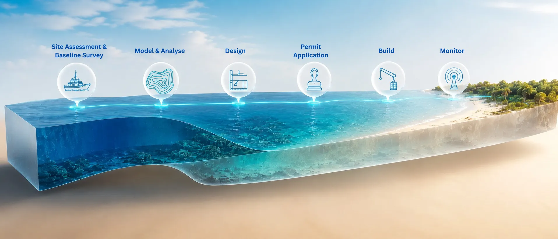 OceanVolts six-stage methodology: survey, model, design, permit, build, monitor