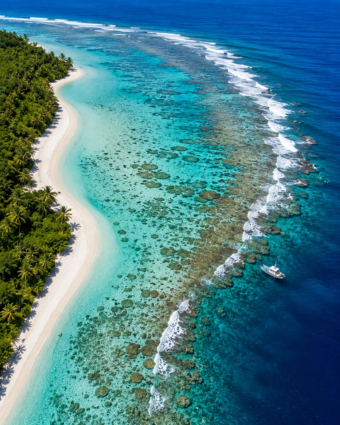 Aerial view of a fringing-reef lagoon coastline in Mauritius